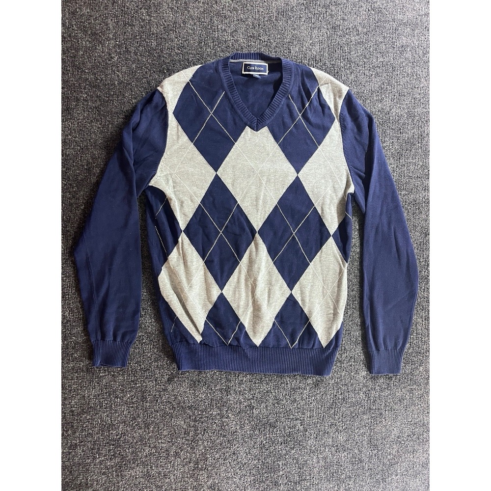 Club Room Mens Sweater Size Small V-Neck 100% Pima Cotton Argyle Blue Gray